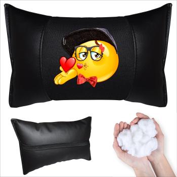 Auto Nackenkissen 20x30cm Nackenpolster Leder Schwarz mit Druck Design Smiley